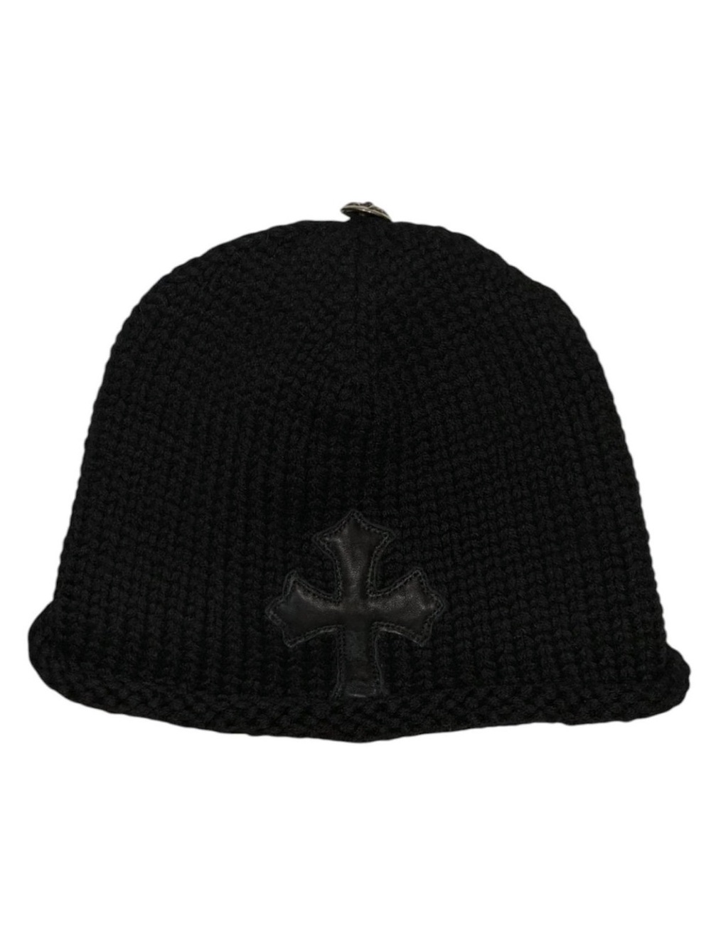Chrome Hearts Black Knit Beanie with Leather Cross Emblem